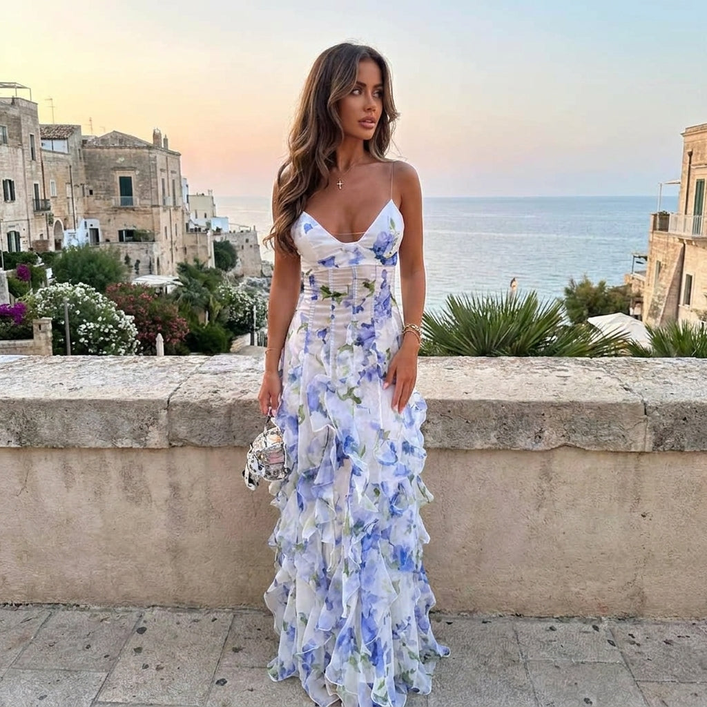 Women's Floral Corset Ruffle Maxi Dress