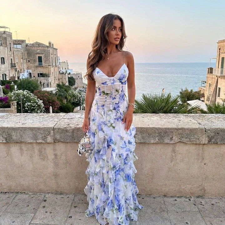 Women's Floral Corset Ruffle Maxi Dress