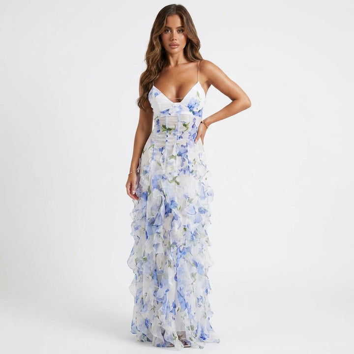Women's Floral Corset Ruffle Maxi Dress
