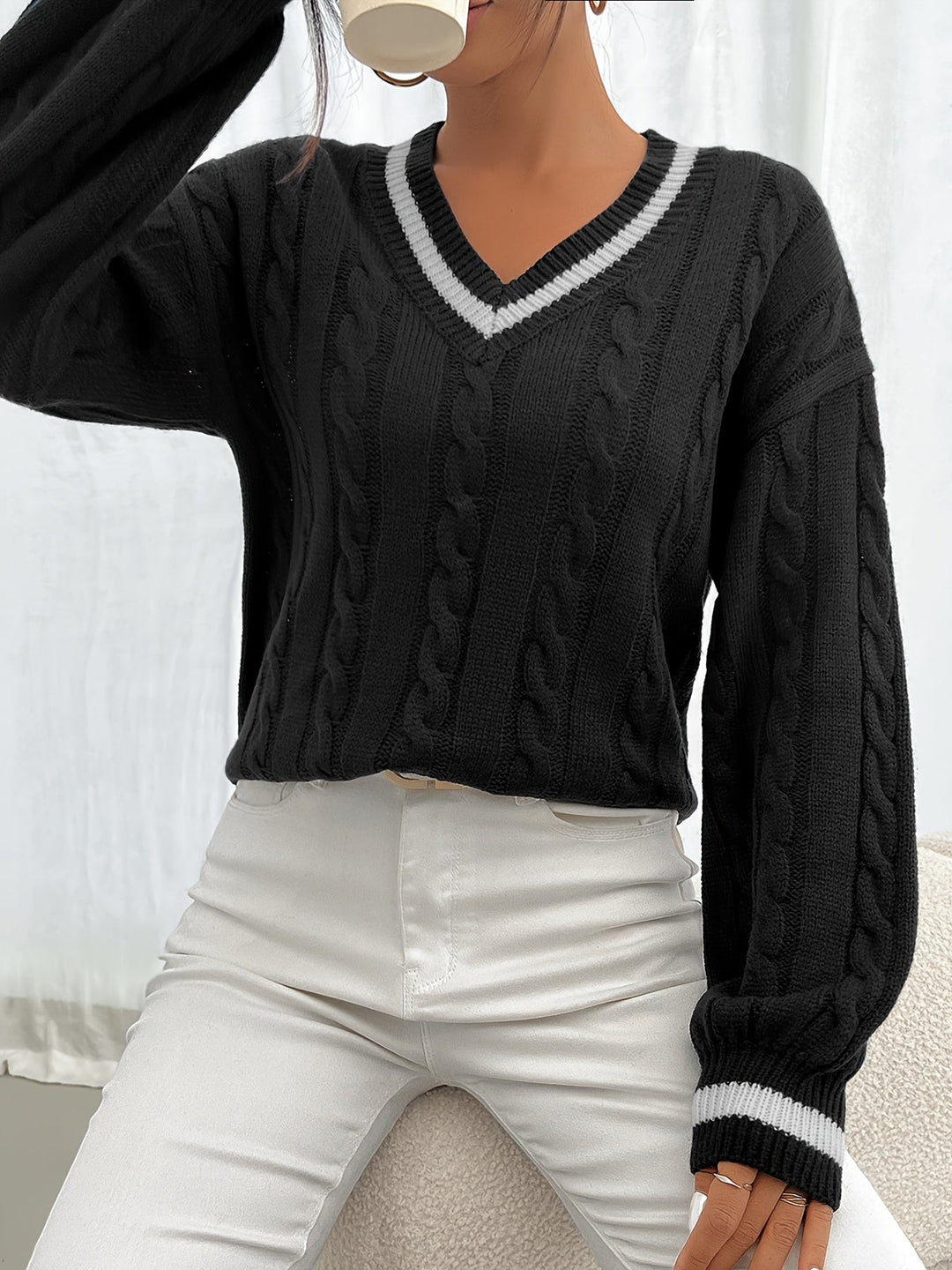 Women's Cable Knit V-Neck Jumper