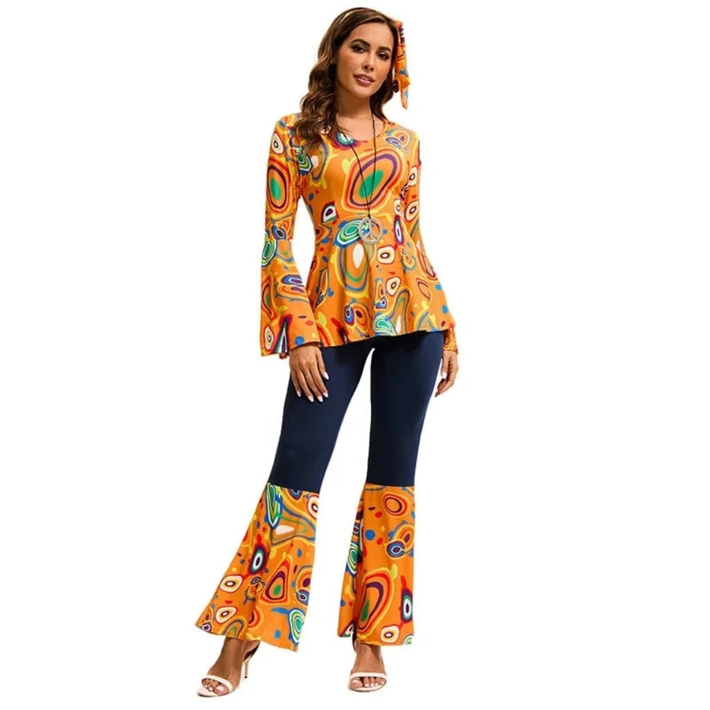 1970s Hippie Costume with Bell Bottoms Peplum Tunic Top and Psychedelic Print - Image 1