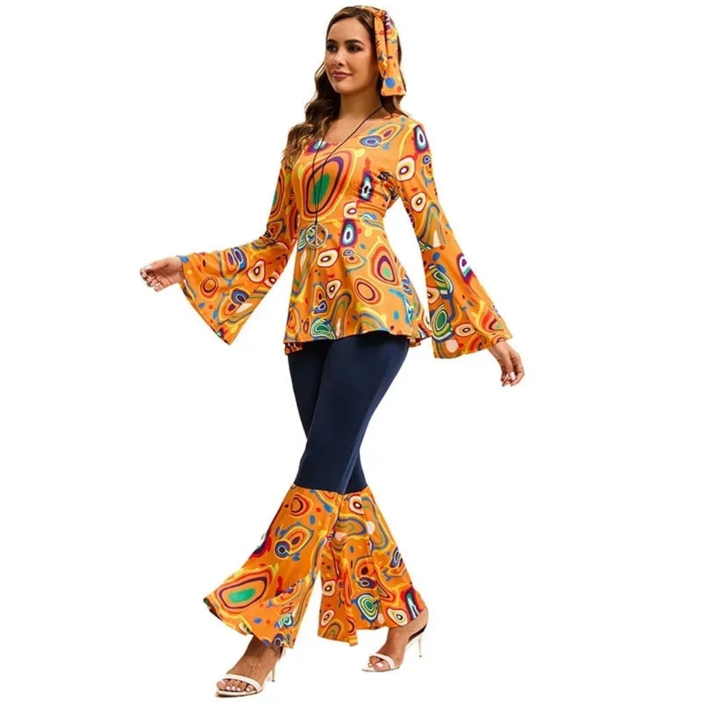 1970s Hippie Costume with Bell Bottoms Peplum Tunic Top and Psychedelic Print - Image 2