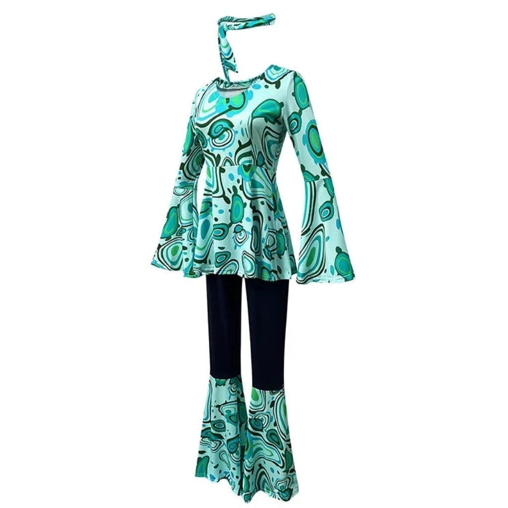 1970s Hippie Costume with Bell Bottoms Peplum Tunic Top and Psychedelic Print - Image 3