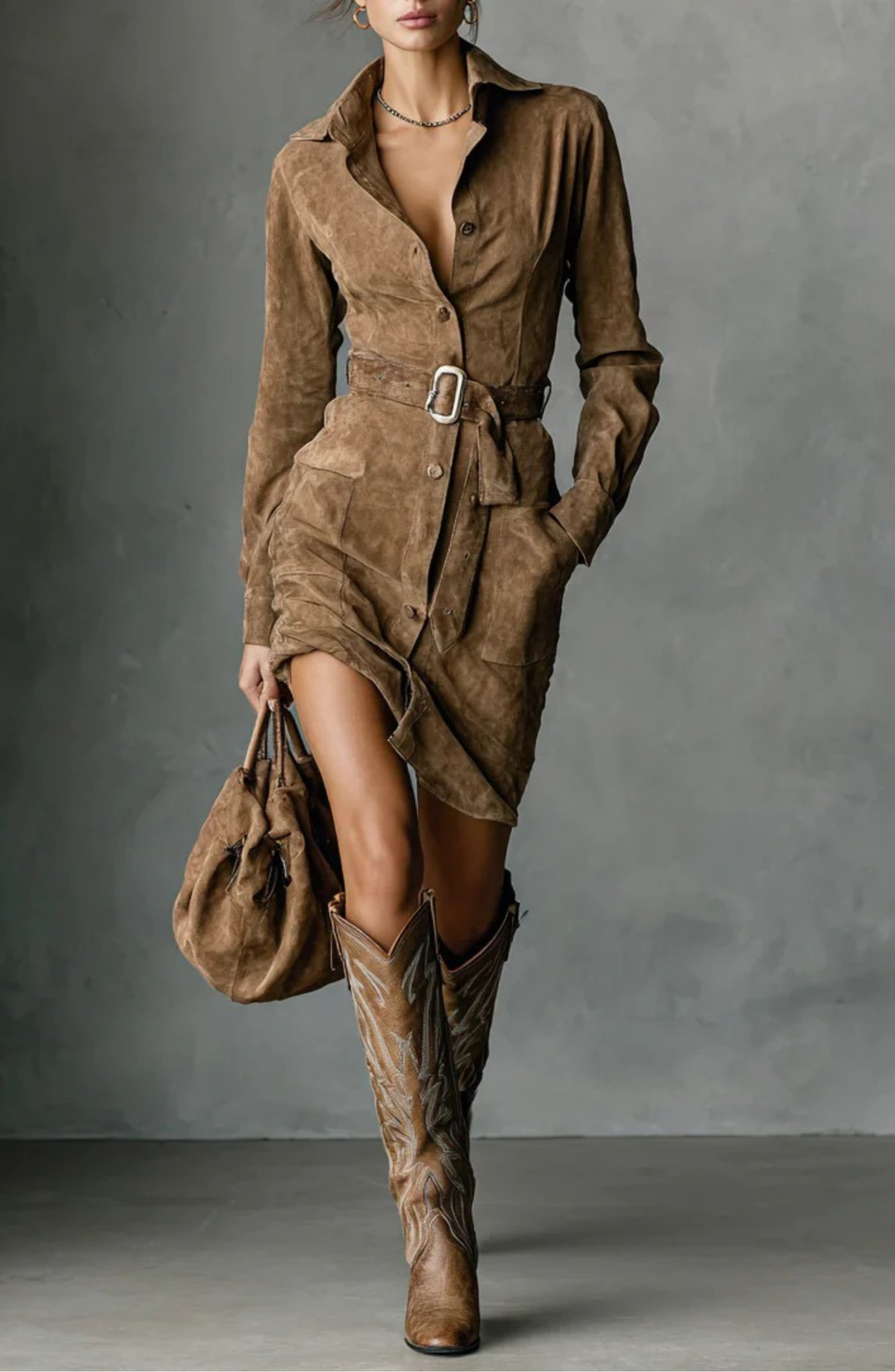 Women's Belted Button Front Mini Dress