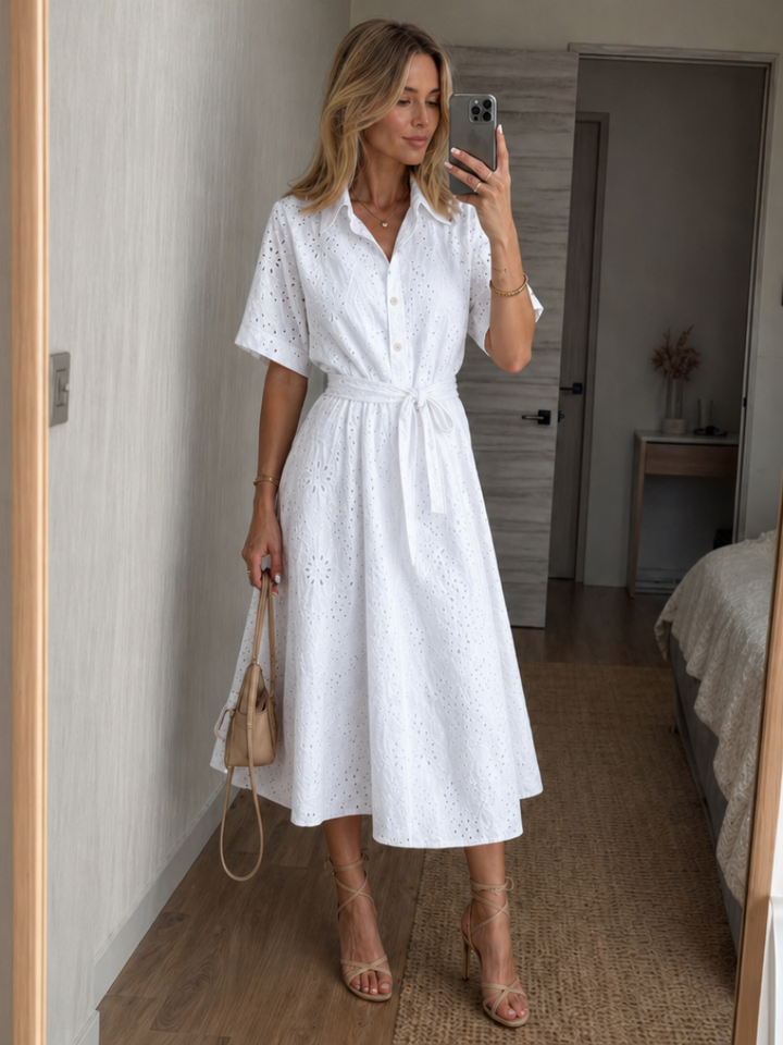 Women's Button Front Tie Waist Midi Dress