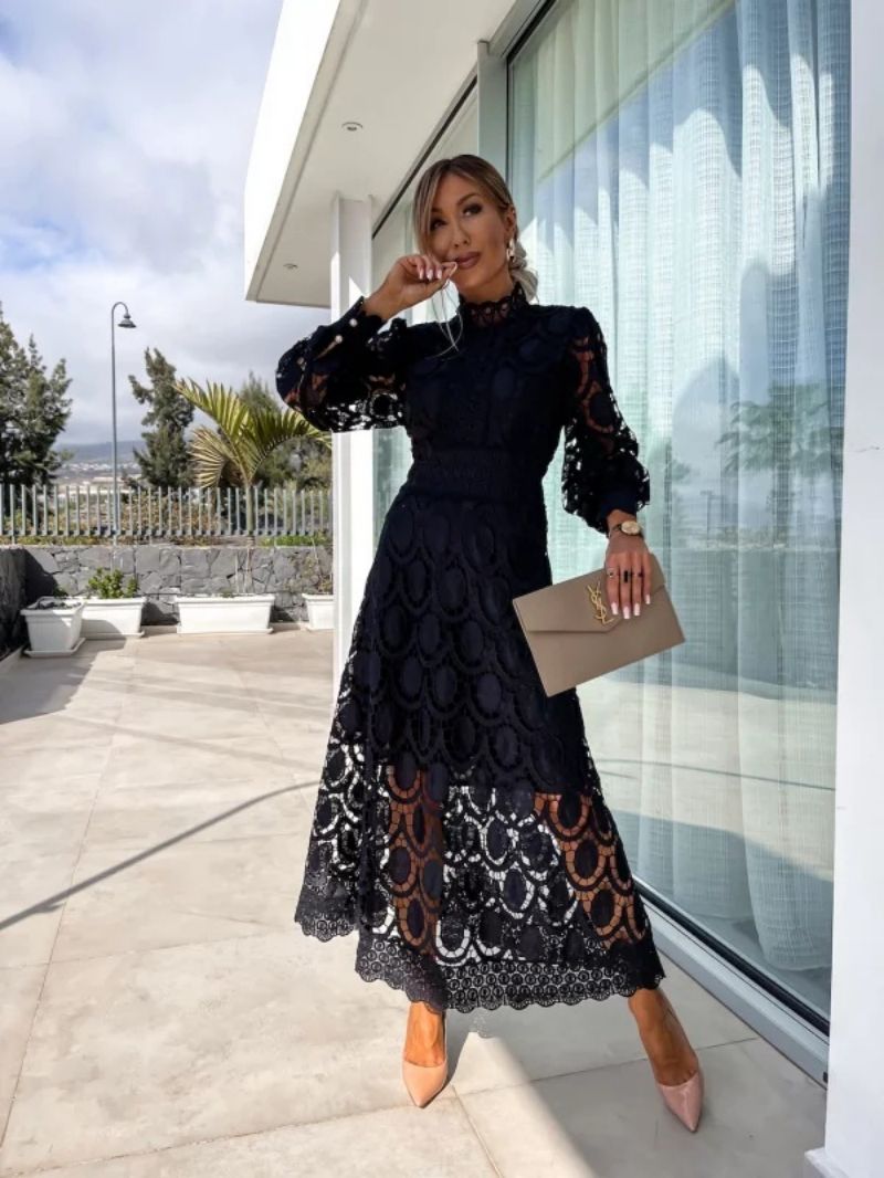 Women's High Neck Lace Puff Sleeve Dress