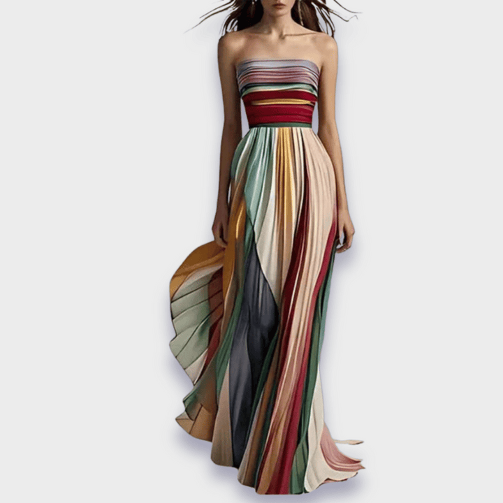 Women's Strapless Maxi Dress with Pleats and Colorful Panels for Elegant Styling