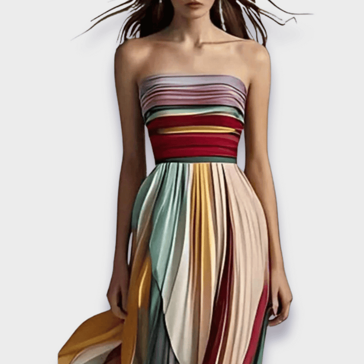 Women's Strapless Maxi Dress with Pleats and Colorful Panels for Elegant Styling