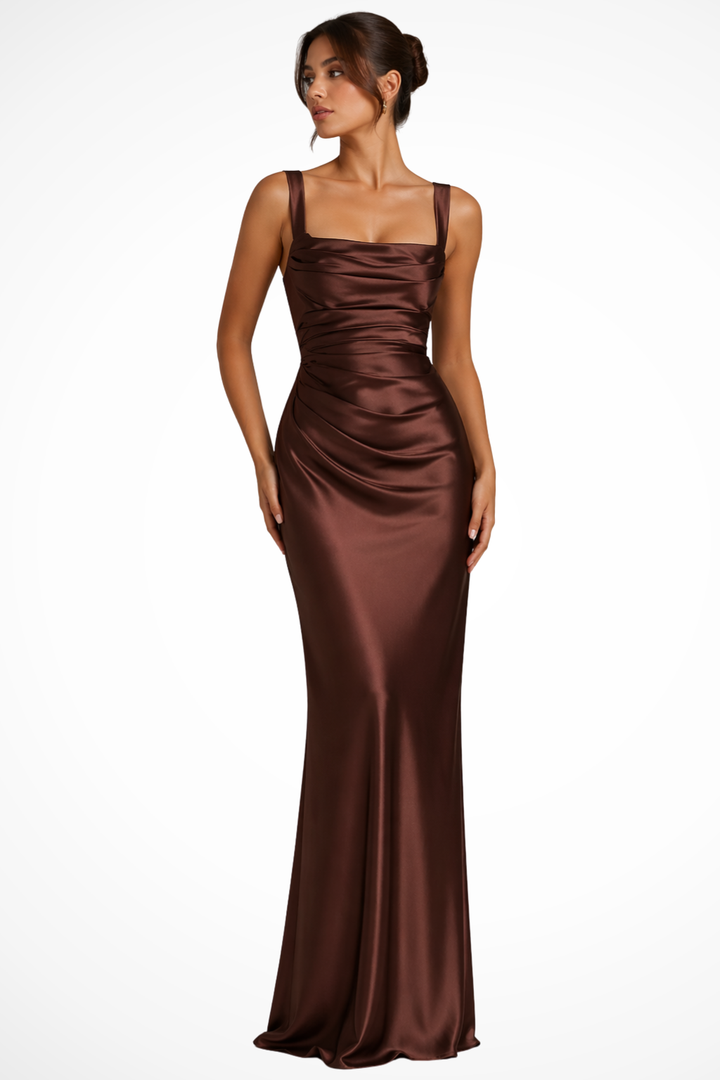 Women's Wedding Guest Ruched Satin Maxi Dress