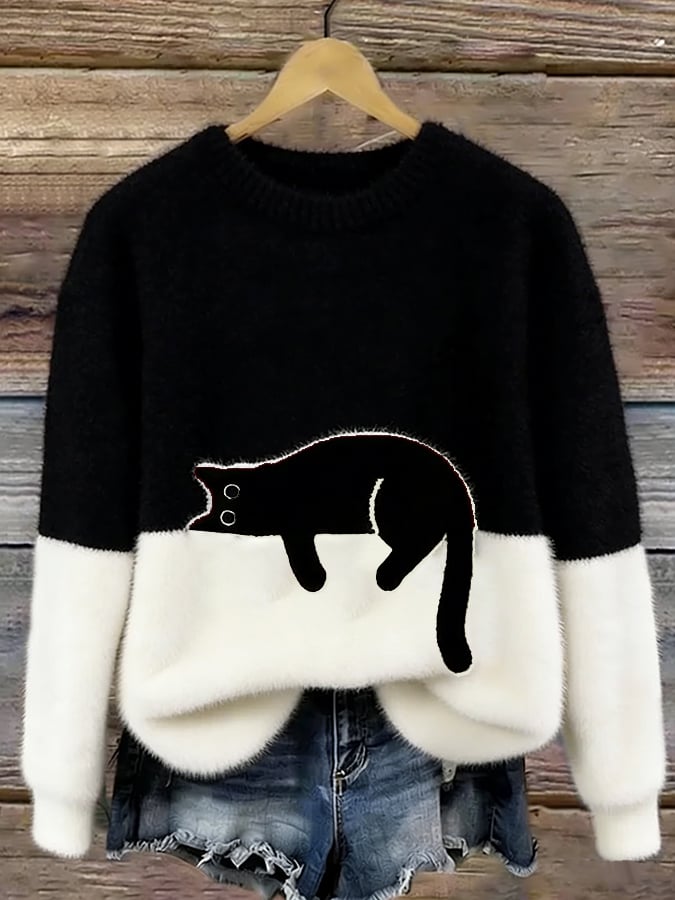 Women's Oversized Jumper with Cat Motif