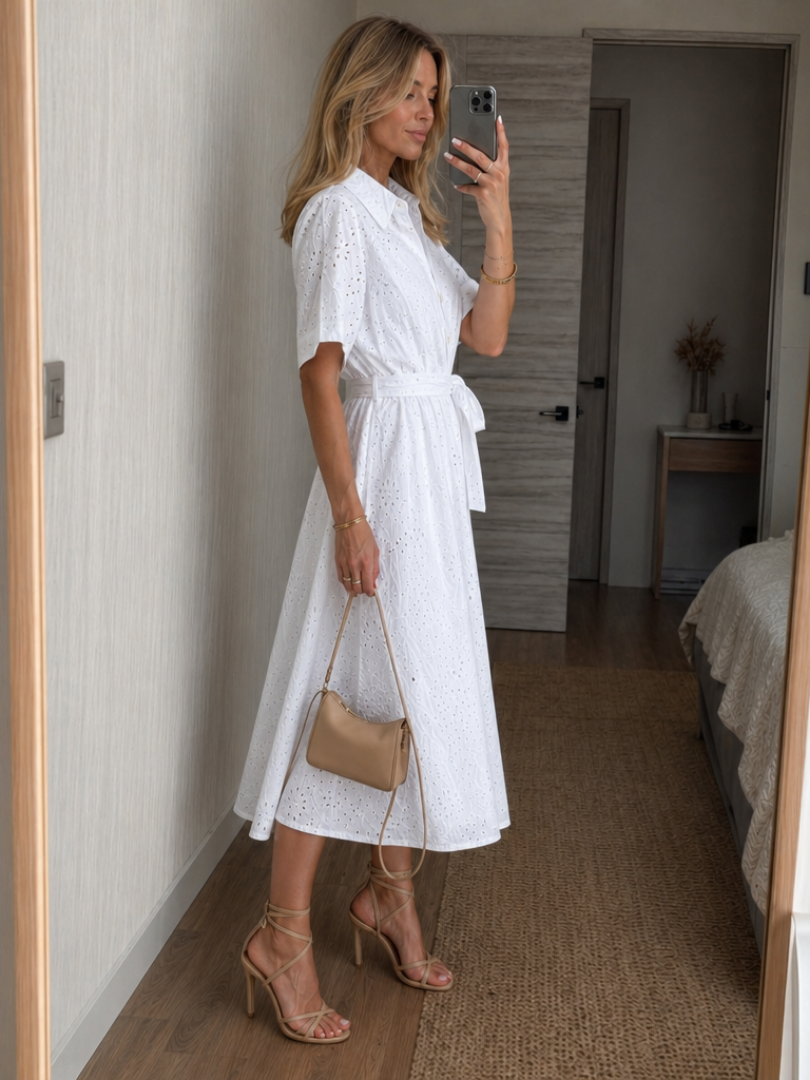 Women's Button Front Tie Waist Midi Dress
