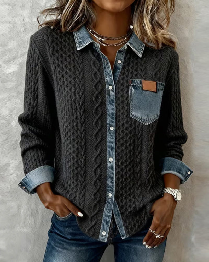 Long Sleeve Denim Patchwork Shirt