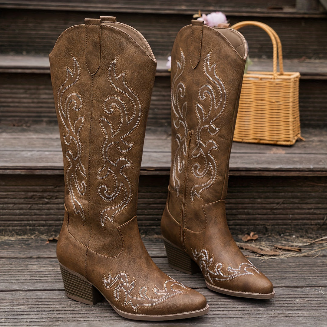 Women's Knee High Cowboy Boots with Block Heel
