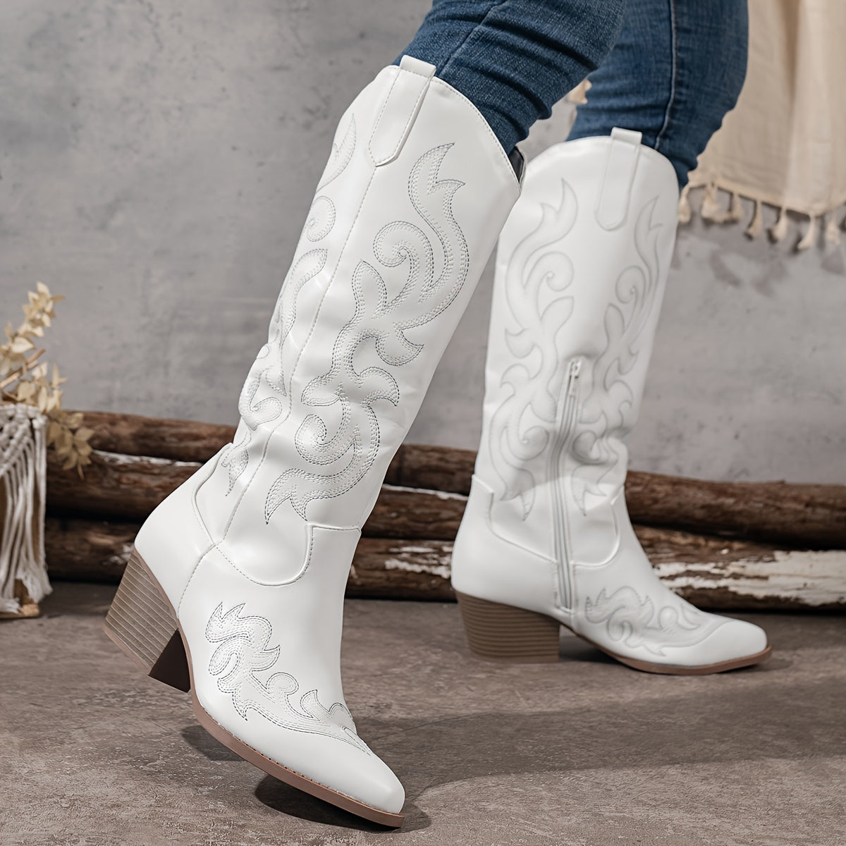 Women's Knee High Cowboy Boots with Block Heel