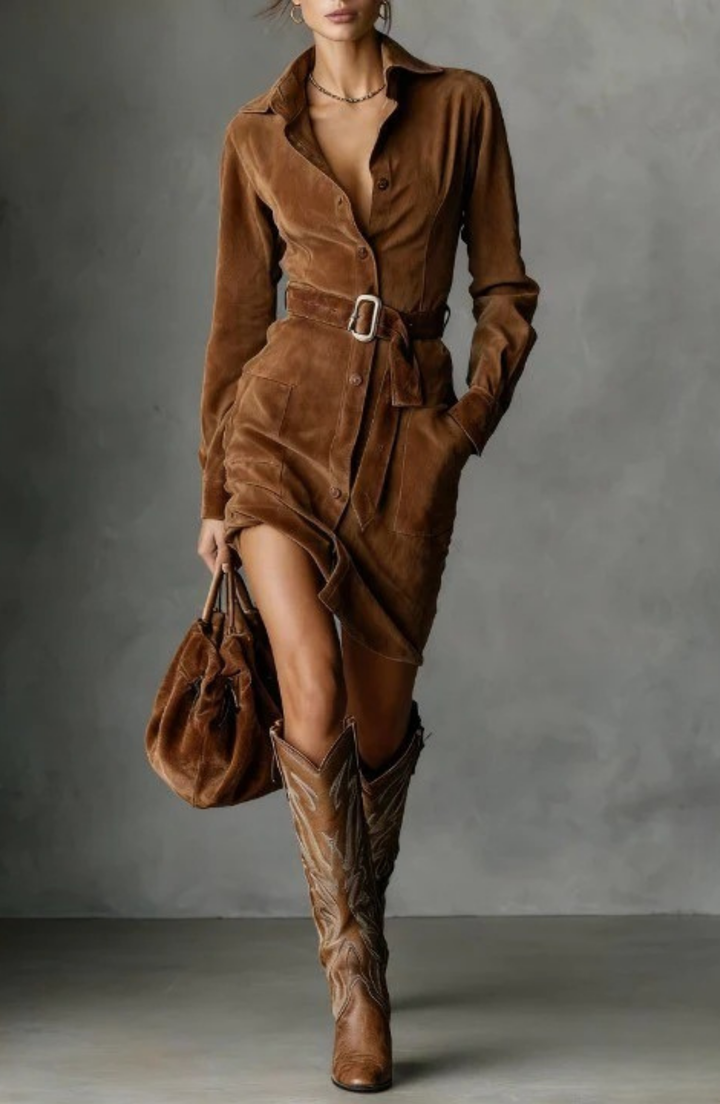 Women's Belted Button Front Mini Dress