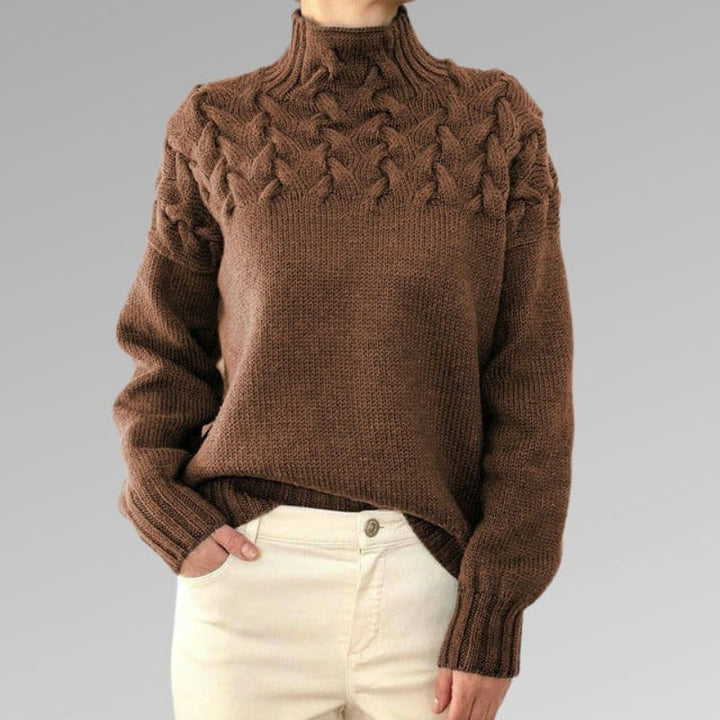 Women's Cable Knit Turtleneck Jumper with Ribbed Cuffs