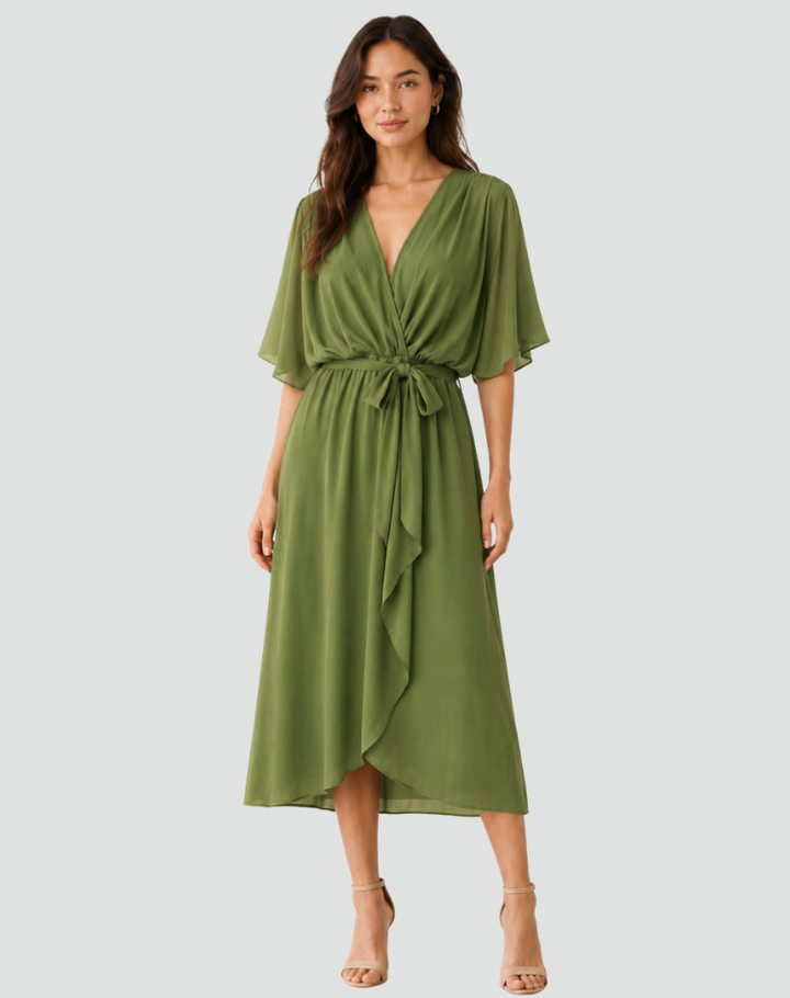 Women's Tie Waist Wrap Midi Dress