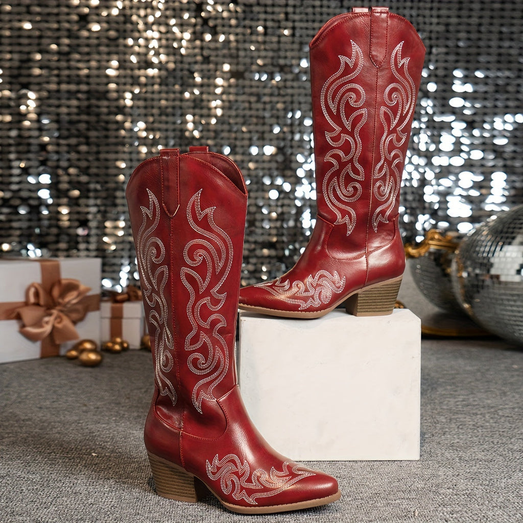 Women's Knee High Cowboy Boots with Block Heel