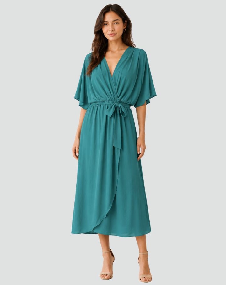 Women's Tie Waist Wrap Midi Dress