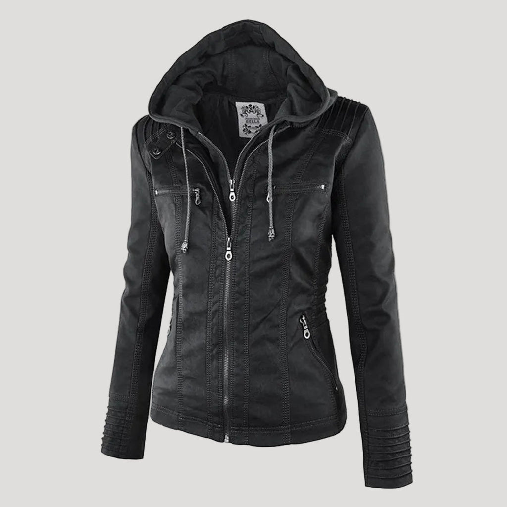 Chaqueta de imitación de cuero para mujer con capucha extraíble