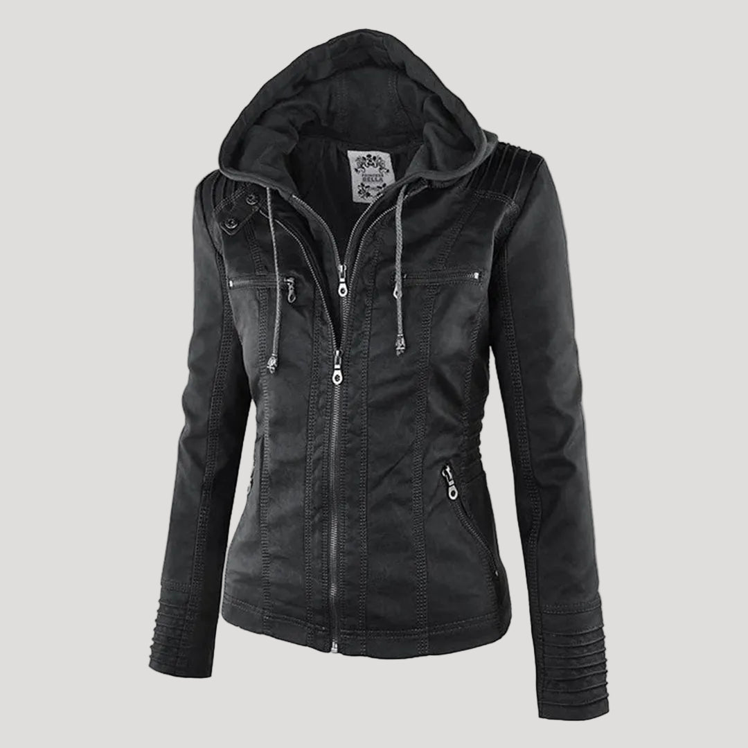 Women's Faux Leather Jacket with Removable Hood