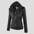 Chaqueta de imitación de cuero para mujer con capucha extraíble