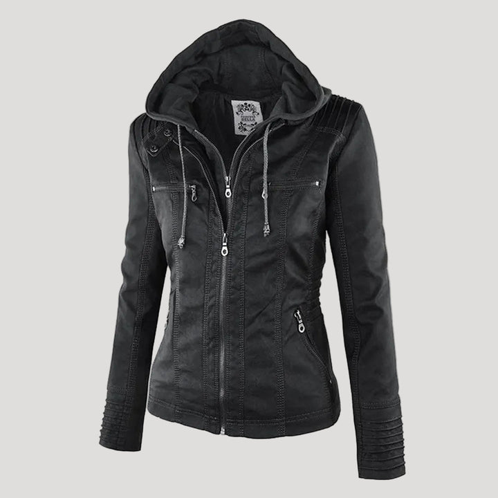 Women's Faux Leather Jacket with Removable Hood