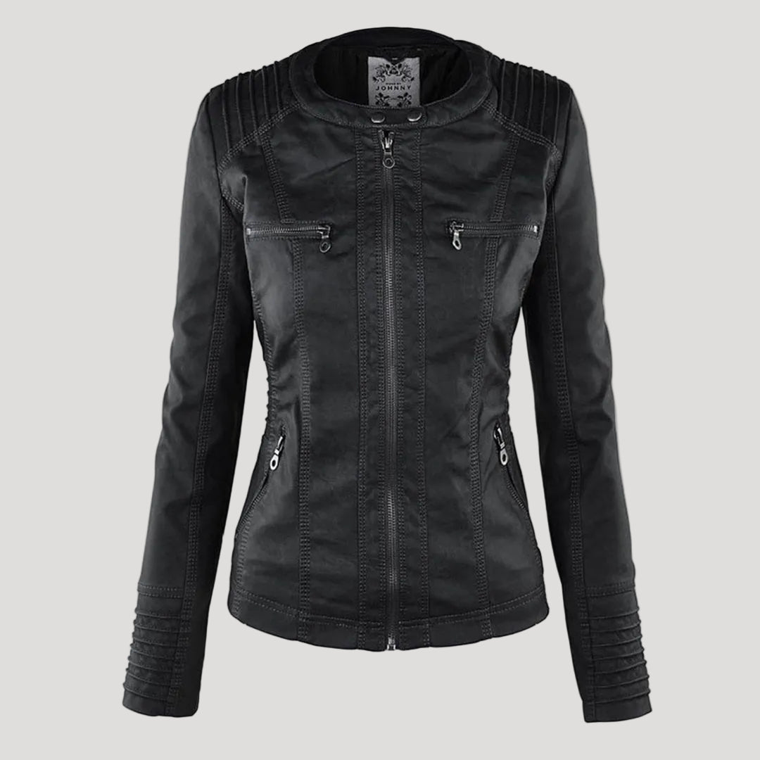 Women's Faux Leather Jacket with Removable Hood