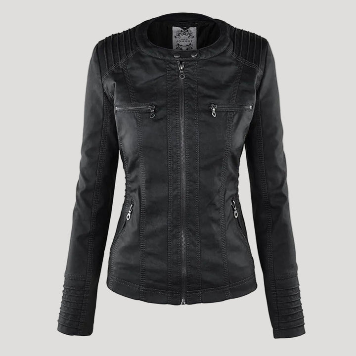 Women's Faux Leather Jacket with Removable Hood