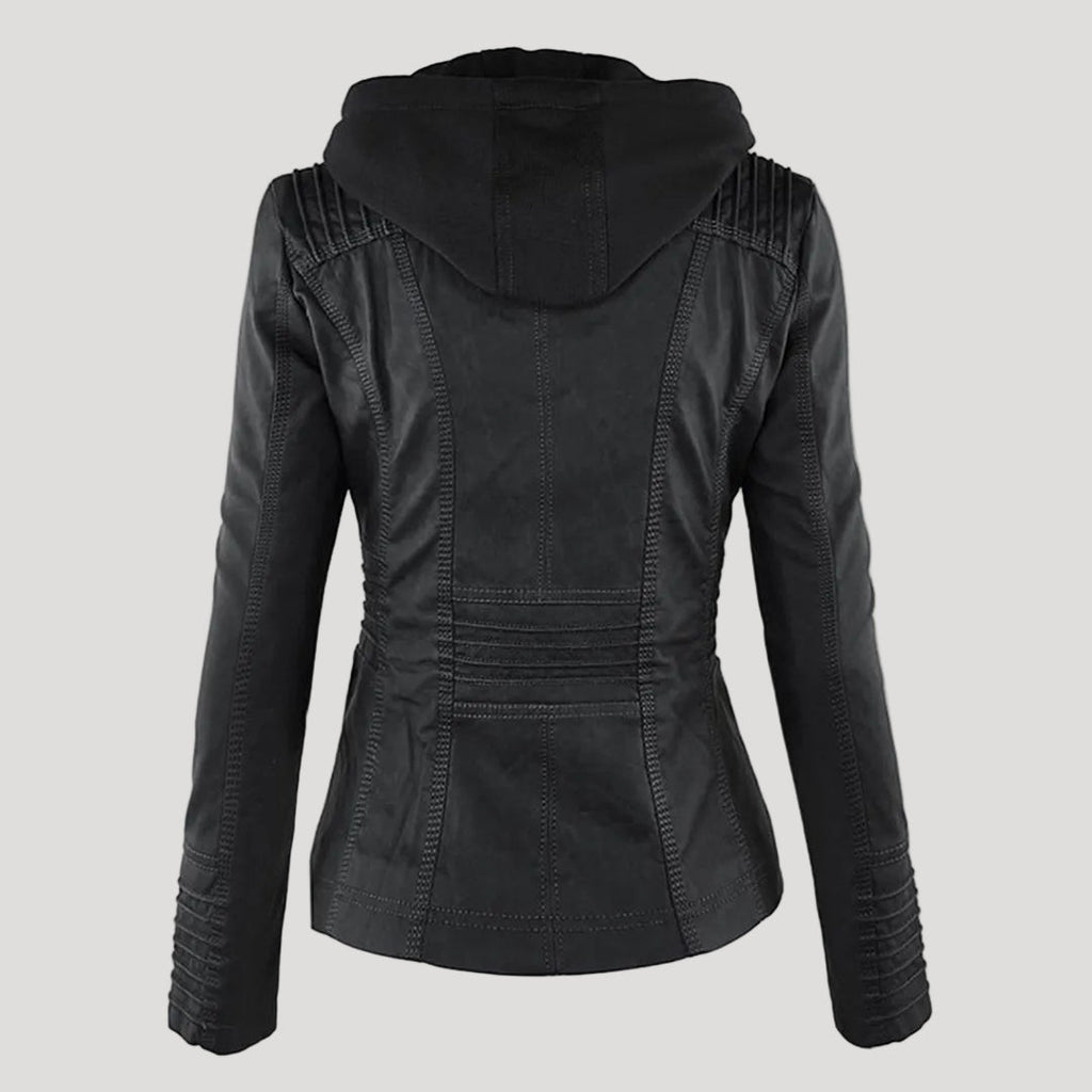 Chaqueta de imitación de cuero para mujer con capucha extraíble