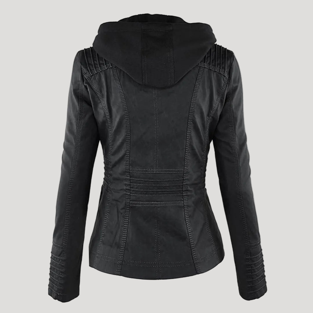 Women's Faux Leather Jacket with Removable Hood
