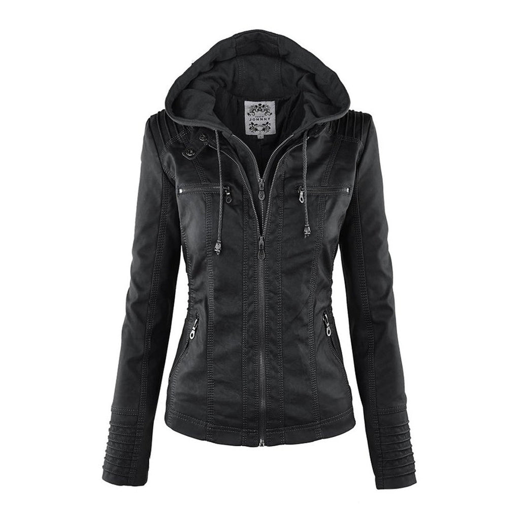 Chaqueta de imitación de cuero para mujer con capucha extraíble
