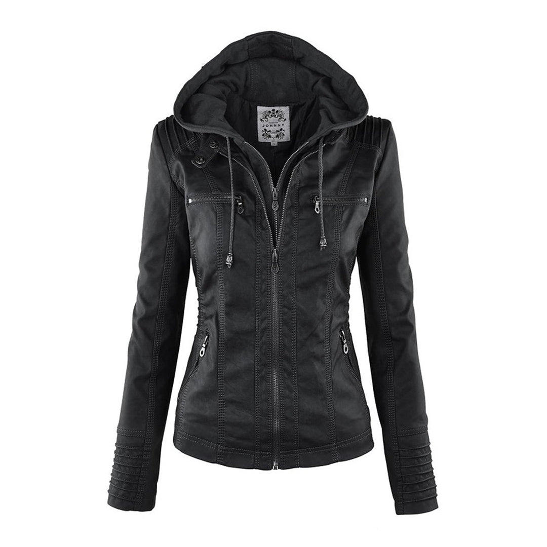 Women's Faux Leather Jacket with Removable Hood