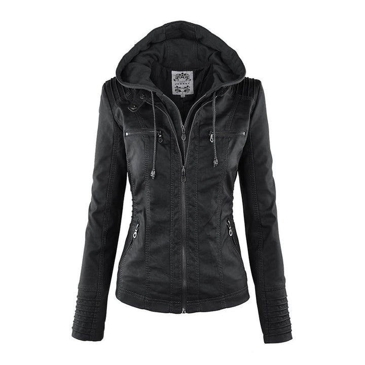 Women's Faux Leather Jacket with Removable Hood