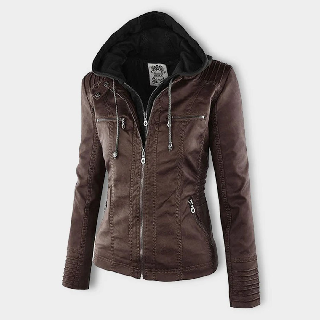 Women's Faux Leather Jacket with Removable Hood