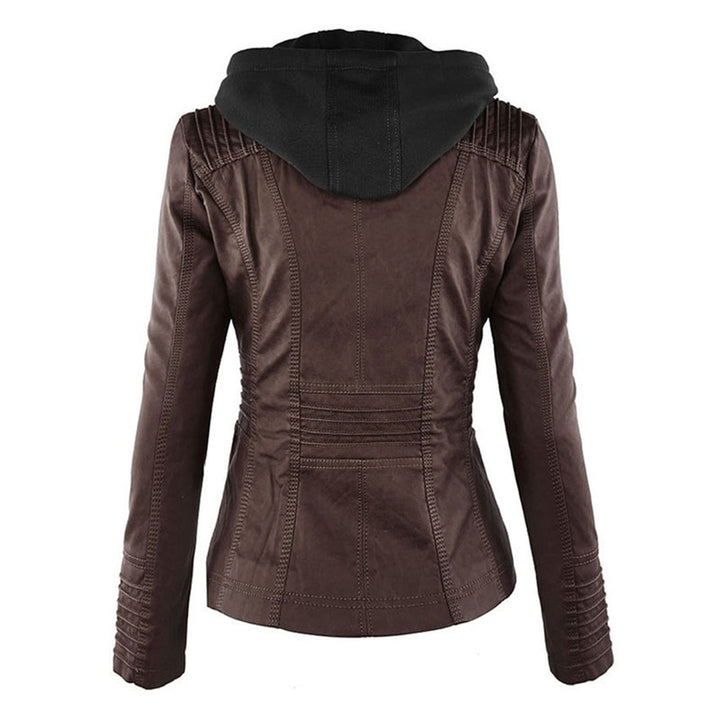 Women's Faux Leather Jacket with Removable Hood