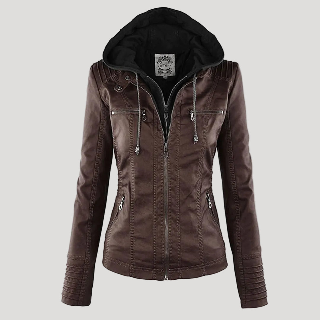 Women's Faux Leather Jacket with Removable Hood