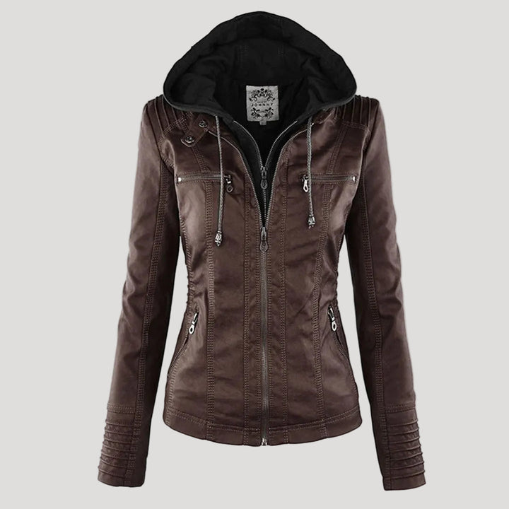 Women's Faux Leather Jacket with Removable Hood