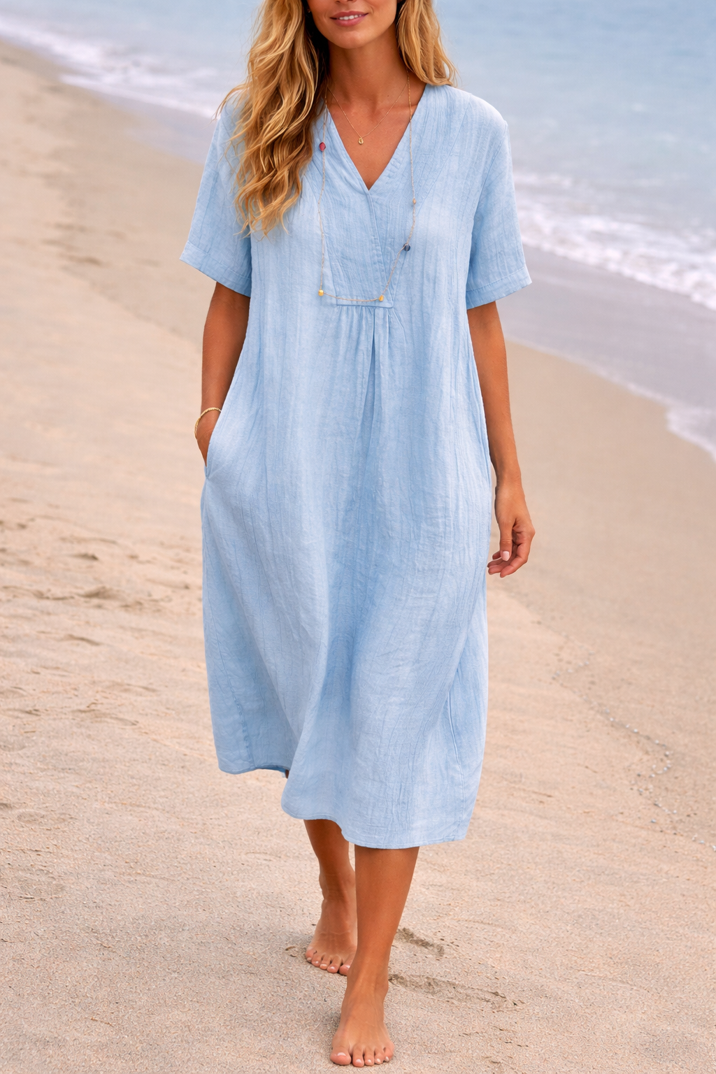 Women's Linen V-Neck Midi Dress