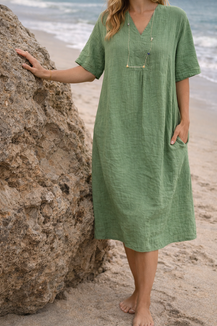 Women's Linen V-Neck Midi Dress