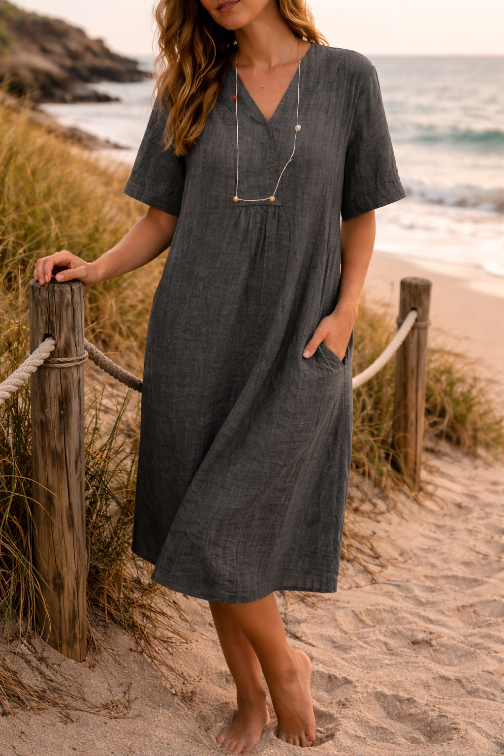 Women's Linen V-Neck Midi Dress