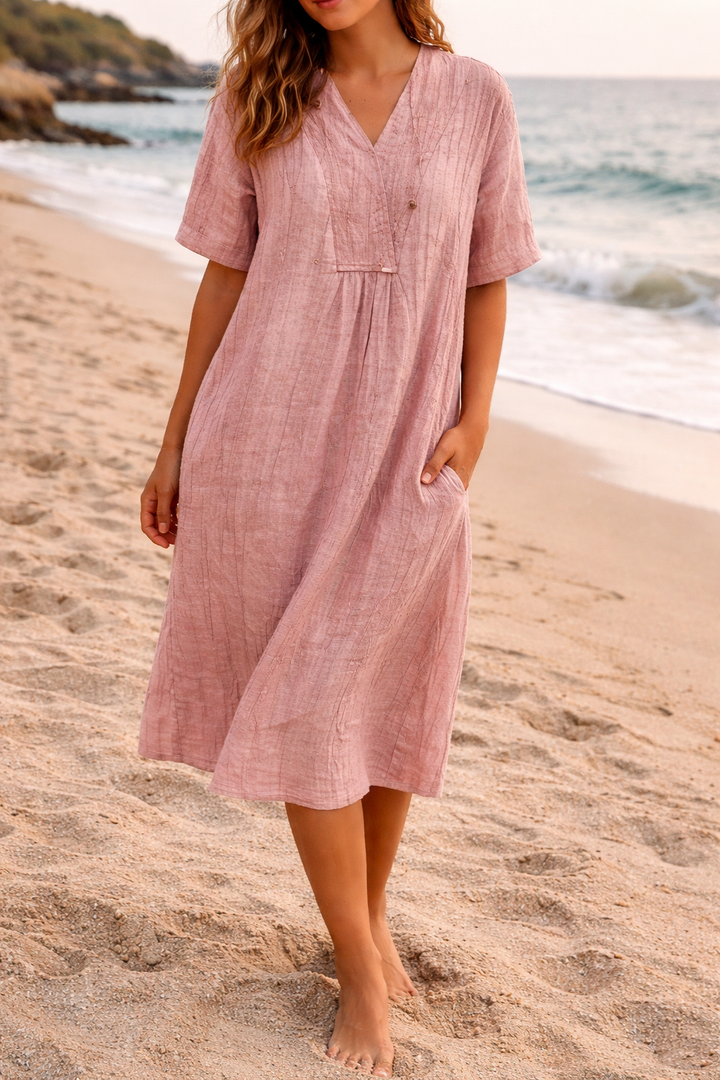Women's Linen V-Neck Midi Dress