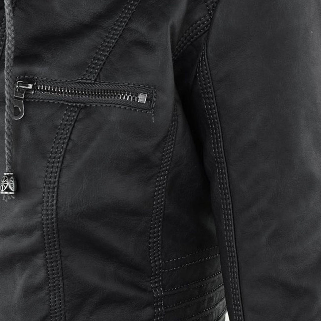 Women's Faux Leather Jacket with Removable Hood