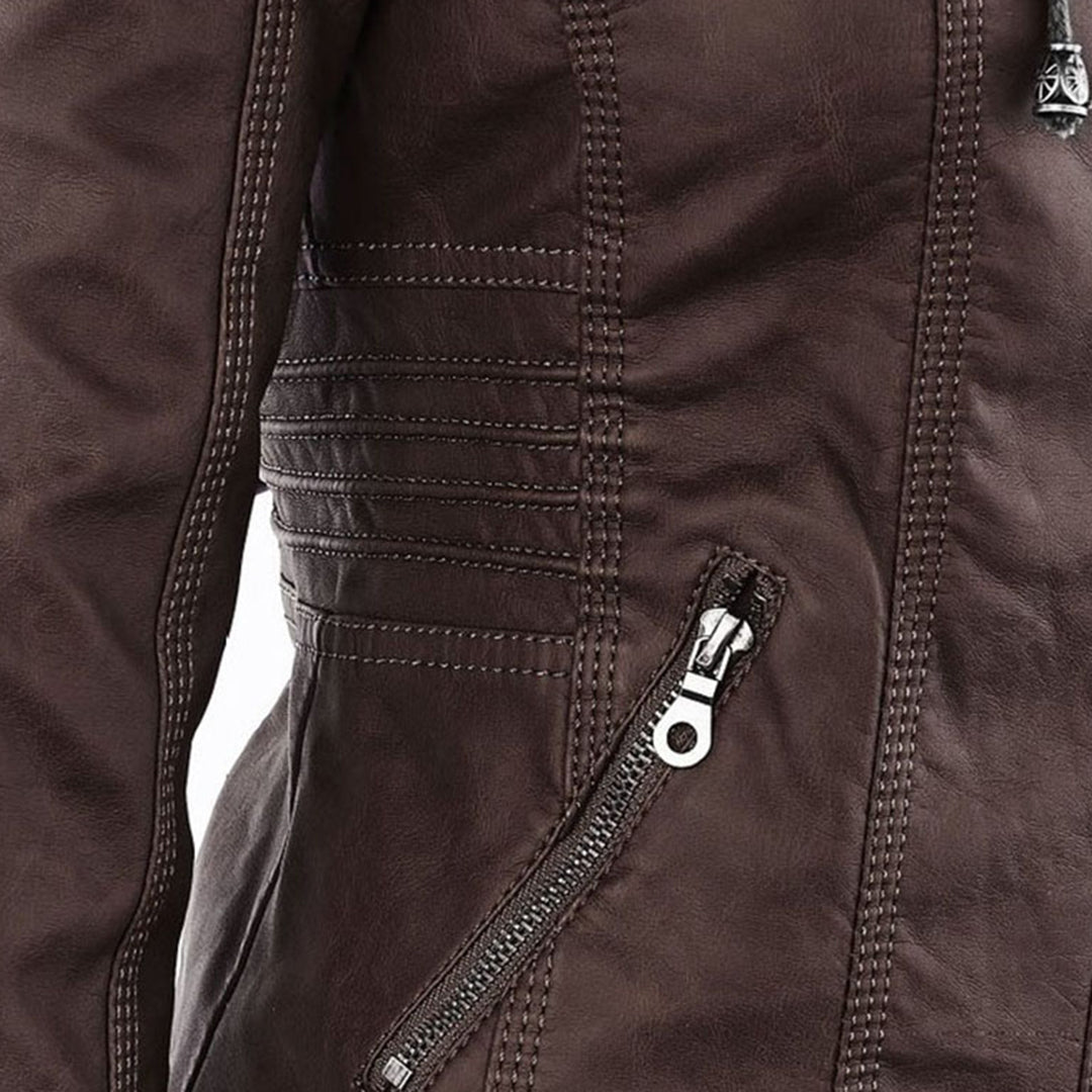 Women's Faux Leather Jacket with Removable Hood