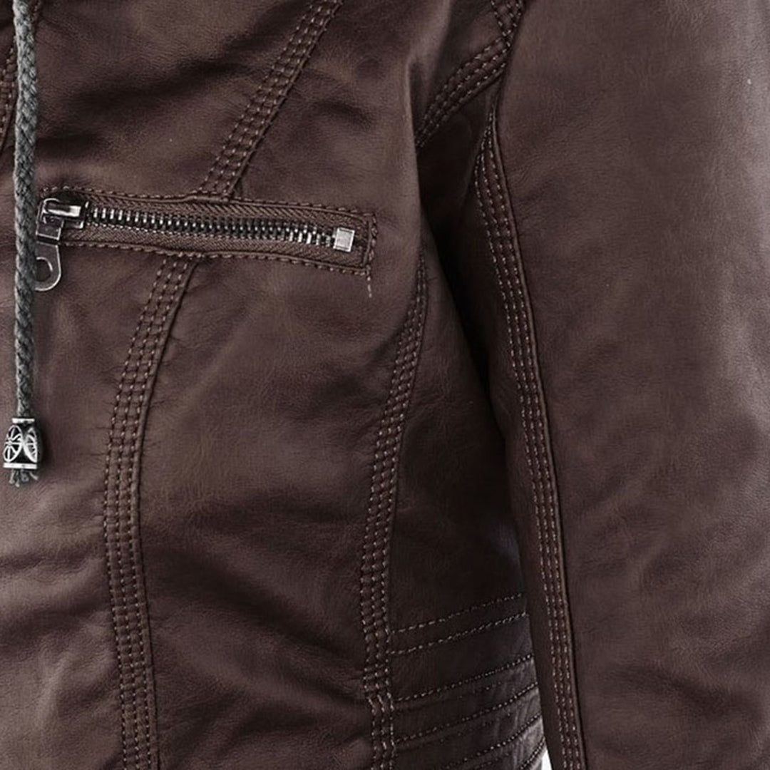 Women's Faux Leather Jacket with Removable Hood