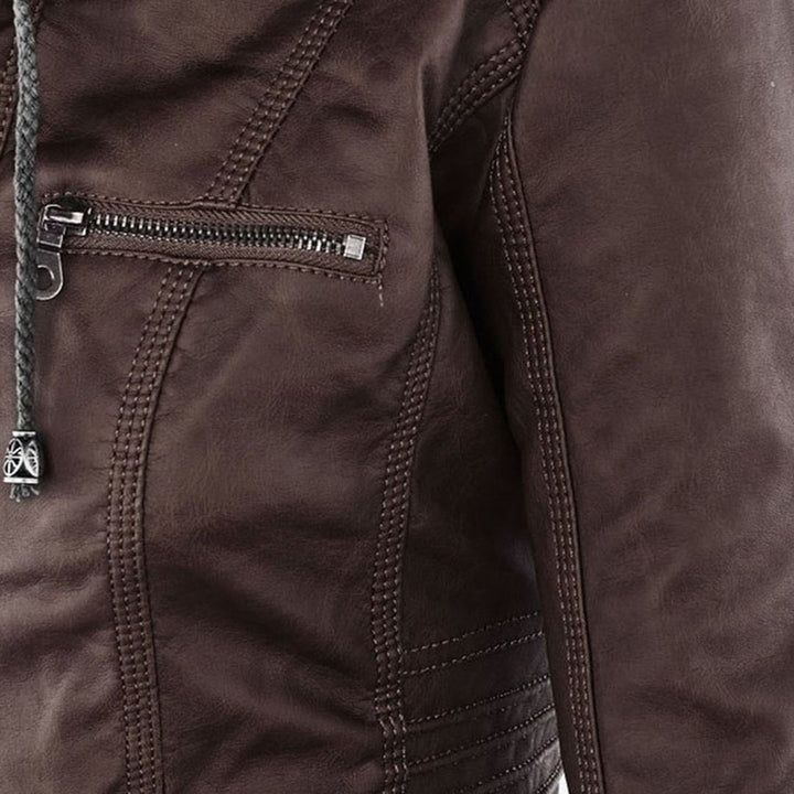 Women's Faux Leather Jacket with Removable Hood