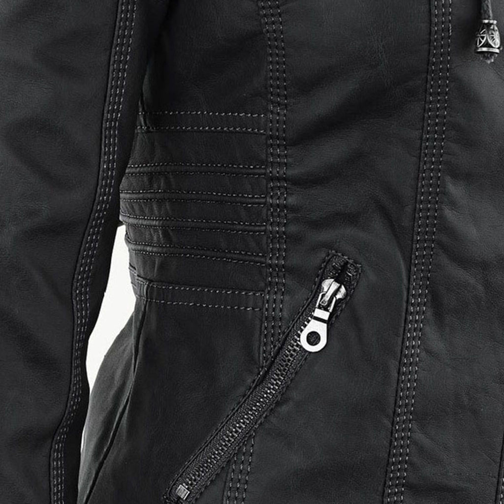 Chaqueta de imitación de cuero para mujer con capucha extraíble