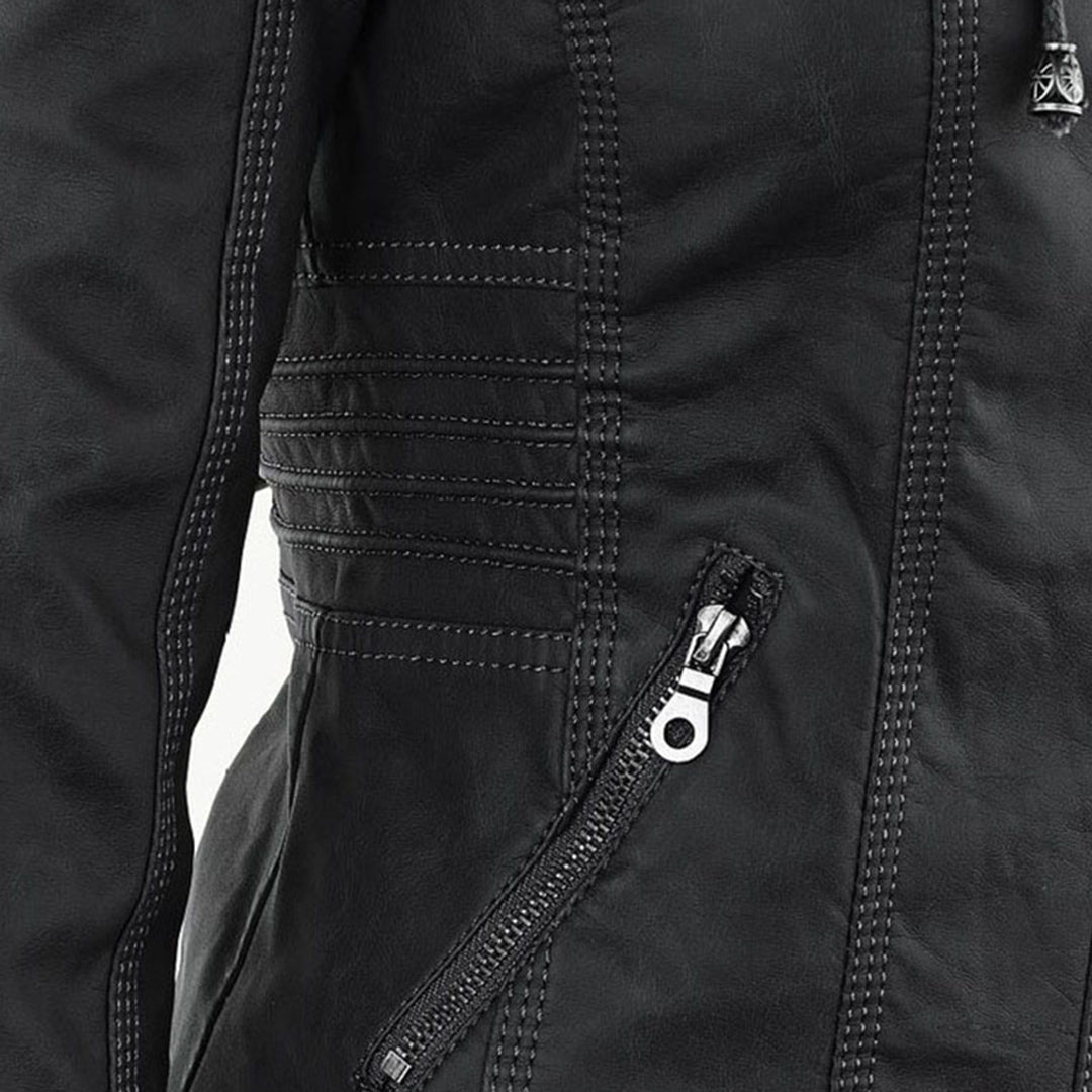 Women's Faux Leather Jacket with Removable Hood