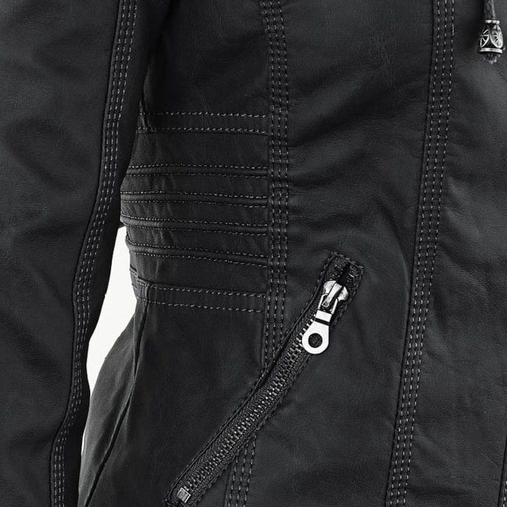 Women's Faux Leather Jacket with Removable Hood
