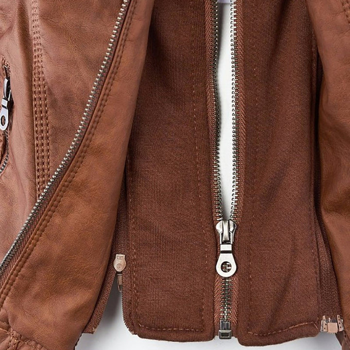 Women's Faux Leather Jacket with Removable Hood